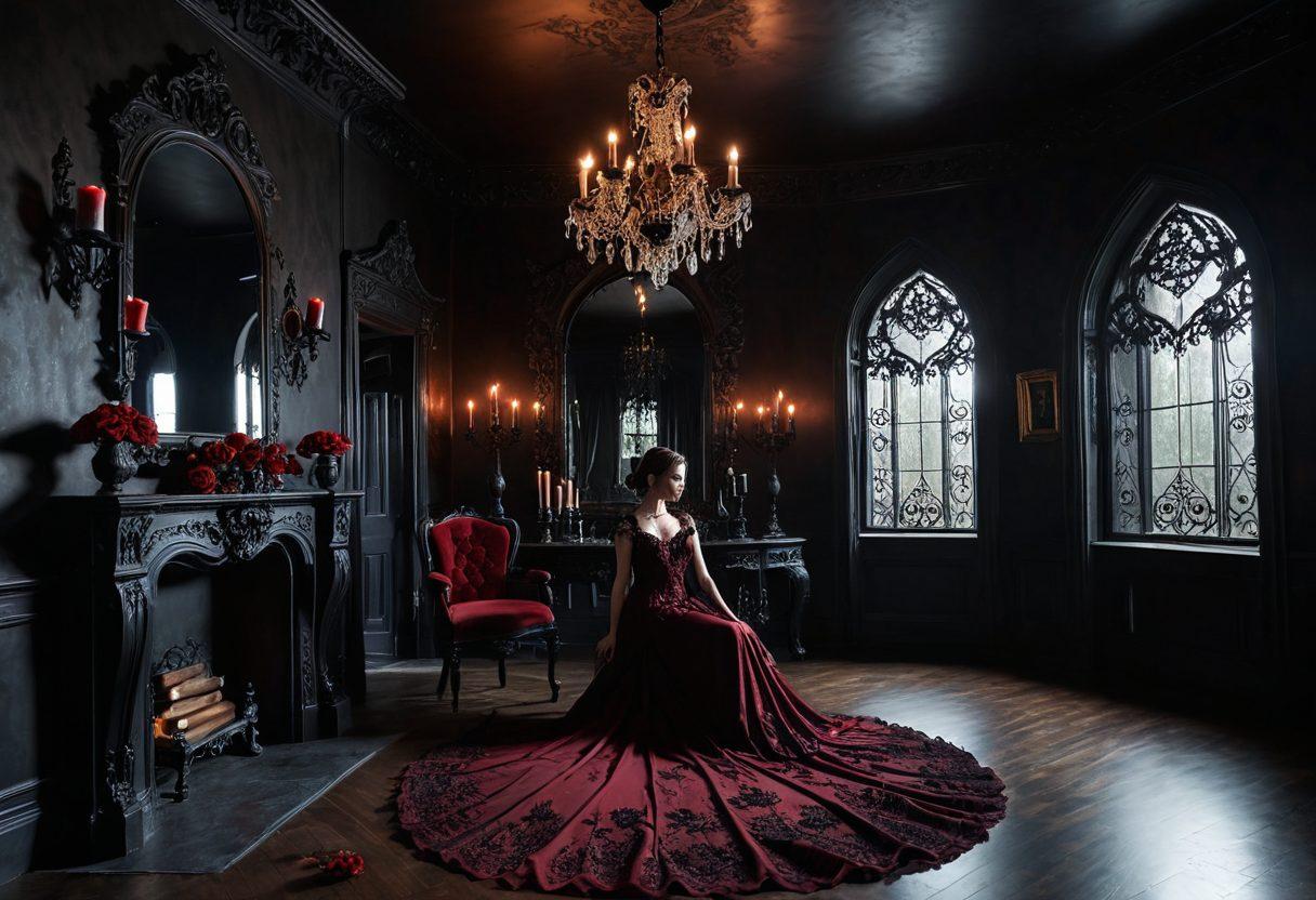 An exquisite gothic room adorned with deep crimson and black decor, featuring ornate candle holders casting flickering shadows. A vintage mirror reflects a hauntingly beautiful figure in an elegant lace gown, surrounded by intricate cobweb motifs and delicate flowers. Dark, dramatic lighting creates a moody atmosphere, inviting intrigue and beauty. Surreal elements subtly enhance the allure, such as floating roses and ghostly silhouettes. 3D, super-realistic, with dark, rich colors.