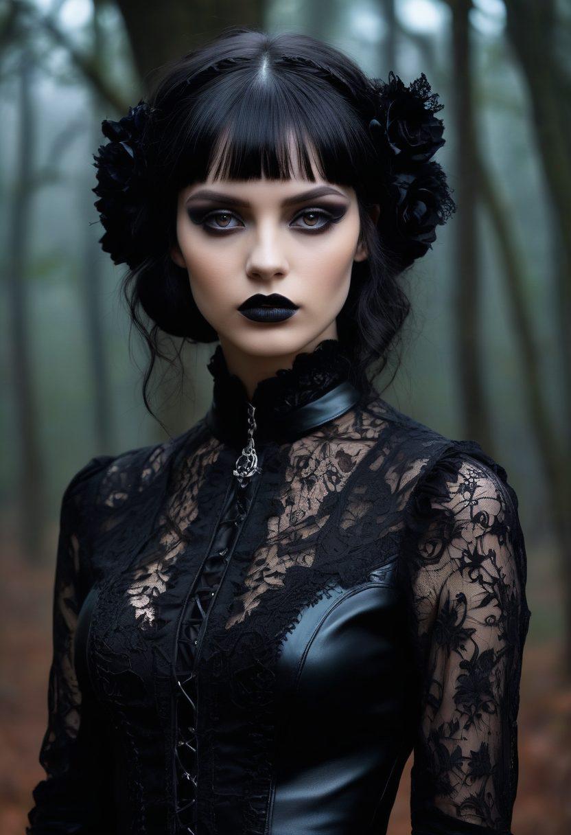 A visually striking collage showcasing diverse gothic fashion trends, featuring edgy black leather outfits, intricate lace details, and enchanting Victorian-inspired dresses, all set against a dark, mystical forest backdrop. Include accessories like chokers, dramatic makeup, and unique hairstyles, emphasizing the transition from edgy to enchanting. The overall ambiance should evoke a sense of mystery and allure. gothic art style. dark, moody colors. intricate details.